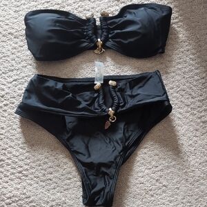 Black Strapless Bikini with Gold Accents